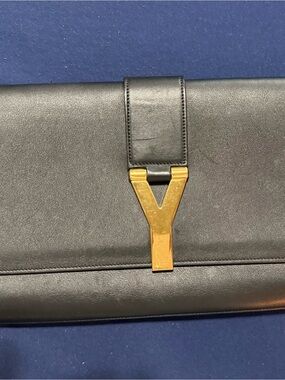 Saint Laurent Black Leather Briefcase with Gold Y Clasp